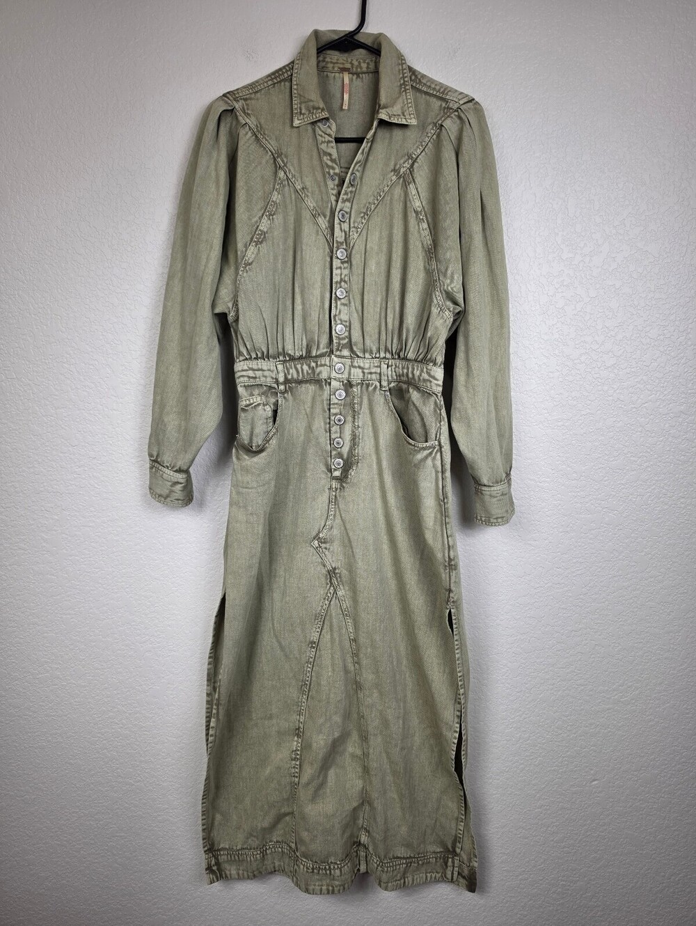Free People Olive Green Denim Shirt Dress Small